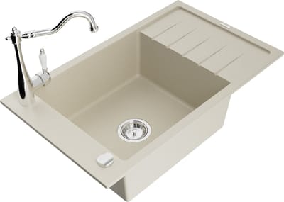 Mexen Elias granieten gootsteen 1-komor met afdruiprek en keukenkraan Carla, beige - 6511-69-670700-00