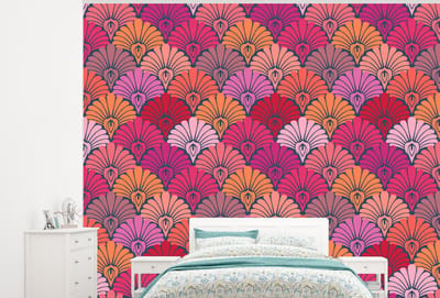 Behang - Fotobehang Patronen - Art Deco - Roze - Bloemen - Breedte 300 cm x hoogte 240 cm