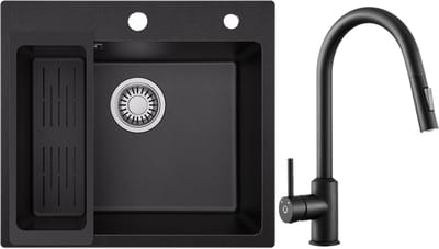 SOFETIY MAX Granieten Spoelbak Zwart / Antraciet (50*45cm) - Spoelbak Keuken Met Keukenkraan - Spoelbakken Keuken – Wasbak Keuken Met Waterafvoersysteem
