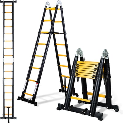 Telescopische Ladder - Telescoopladder - 2,5m+2,5m zwart, Compact en Draagbaar met Soft Closing Systeem, Geschikt voor Particulier en Professioneel Gebruik, Telescopische Vouwladder, Max. Belasting 150 kg