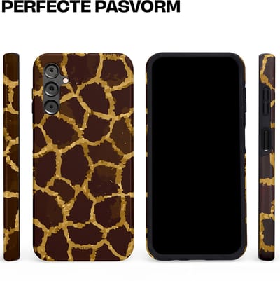 Casetastic hoesje geschikt voor Samsung Galaxy A14 (2023) 5G / Samsung Galaxy A14 (2023) 4G - Dubbellaagse bescherming - Afrikaanse Giraffenprint - Fashion Case - Zwart Bruin Goud Olijfgroen