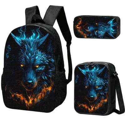Rugzak wolf | stoere tas voor school | Duistere Wolf Rugzak | 15 - 20 liter | Rugtas, etui en lunchtas met mooie 3D geprinte details | 3-delige set jongens schooltassen | grote schooltas