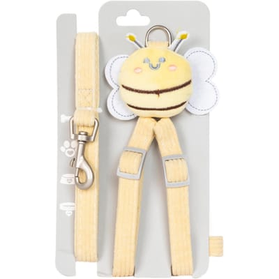 Hondentuig Lijn Set Zacht Corduroy Schattige Bij Decoratie Verstelbaar Ademend Huisdier Tuig en Lijn 1.0CM/0.4in beige