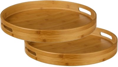 Secret de Gourmet Dienblad - 2x stuks - serveerblad - bamboe bruin - met handvaten - D40 cm