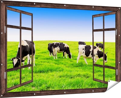 Gards Tuinposter Doorkijk Kudde Koeien in de Wei - Hemel Blauwe Lucht - 180x120 cm - Tuindoek - Tuindecoratie - Wanddecoratie buiten - Tuinschilderij