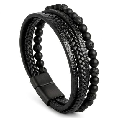 4 in 1 zwarte heren armbanden – kralen, gevlochten en glad imitatieleer – met magnetische sluiting – stoer en modern design