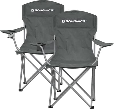Campingstoel - set van 2 - klapstoel - outdoor en visstoel - hoge rugleuning - armleuningen - met bekerhouder, inklapbaar - tot 150 kg belastbaar - voor camping, tuin, terras - grijs