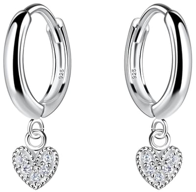 Joy|S - Zilveren oorbellen - 11 mm oorringen met hartje bedel - klap scharnier sluiting - hart met zirkonia - sterling zilver 925