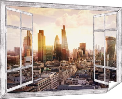 Gards Tuinposter Doorkijk Londen bij Zonsondergang in een Moderne Wijk - 180x120 cm - Tuindoek - Tuindecoratie - Wanddecoratie buiten - Tuinschilderij