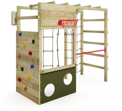 Fatmoose CleverClimber Club XXL Klimtoren - Klimnet met klimwand en turnstang - Basketbalring - L250 x B105 cm - Olijfgroen