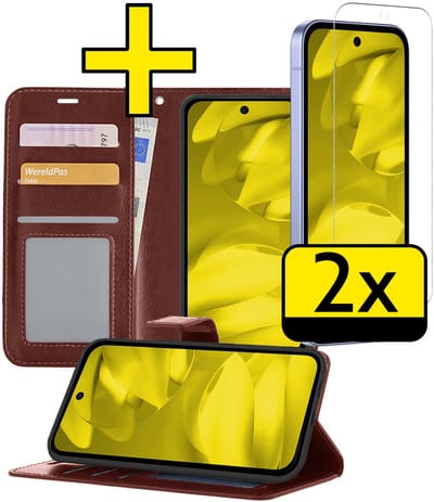 Hoesje - Met 2x Screenprotector - Geschikt voor Google Pixel 9a - Luxe Pasjeshouder - Bookcase Portemonee - Flip Case - Kunstleer Book Case - Flipcase Hoes - Book Cover - Walletcase - Portemonneehoes - Telefoonhoesjes - Bruin
