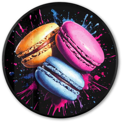 Poster in lijst Rond - Fotolijst 60x60 cm - Posters - Macarons - Dessert - Graffiti - Kleurrijk - Roze - Blauw - Geel - Ronde posterlijst zwart - Decoratie - Wanddecoratie woonkamer - Muurdecoratie slaapkamer