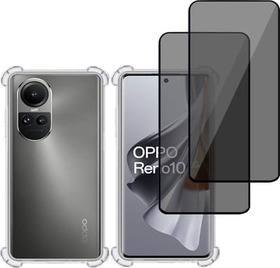 Hoesje + 2x Privé Screenprotector geschikt voor OPPO Reno 10 / 10 Pro – Privacy Tempered Glass - Case Transparant