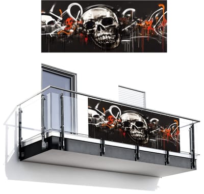 Balkonscherm 300x120 cm - Balkonposter Schedels - Kunst - Donker - Rood - Balkon scherm decoratie - Balkonschermen - Balkondoek zonnescherm