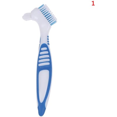 Brosse de nettoyage pour prothèses dentaires, double tête, nettoyeur de gencives pour hommes et femmes, poils multicouches, brosse pour fausses dents, outils de nettoyage buccal bleu