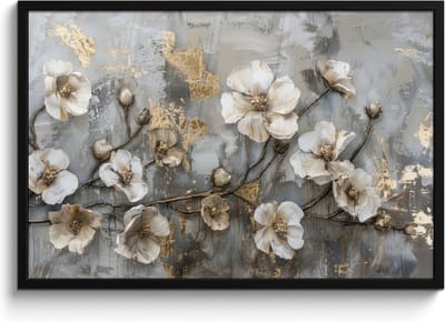 Poster in lijst - Fotolijst 90x60 cm - Posters - Bloemen - Wit - Grijs - Goud - Luxe - Posterlijst zwart - Decoratie - Wanddecoratie woonkamer - Muurdecoratie slaapkamer