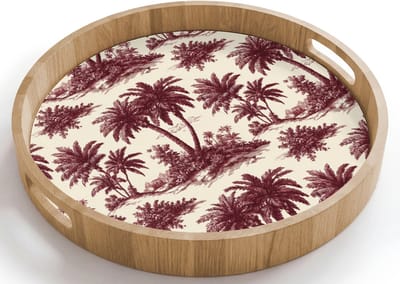 Dienblad rond 40x40 cm - Schootdienblad hout - Tropisch - Geometrisch - Bordeauxrood - Borrelplank rechthoek - Plateau houten dienbladen