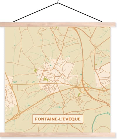 Posterhanger incl. Poster 40x40 cm - Schoolplaat - Vintage - Fontaine-L'Évêque - Kaart - Plattegrond - Stadskaart - Textielposter - Blanke latten - Stadskaart