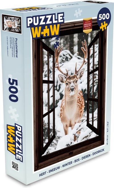 Puzzel Hert - Sneeuw - Winter - Bos - Dieren - Doorkijk - Legpuzzel - Puzzel 500 stukjes