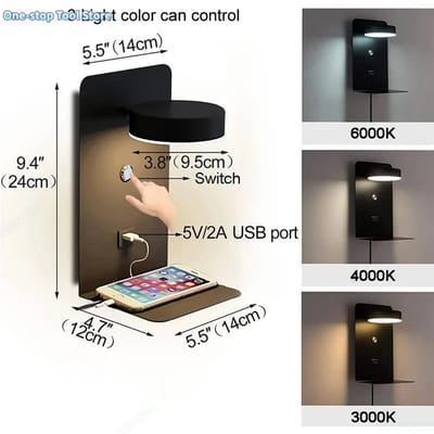 Innovastore Wandlamp - Binnenlamp - Lamp - Wall lights - Ledlamp - USB aansluiting - Toutch switch - met plankje - Zwart