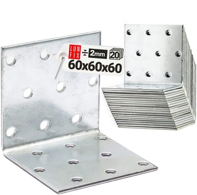 LUN FIX - Hoekverbinder + Gatplatenhoek 60x60x60x2 - 20 Stuk - Hoek - Kleine Montagehoek - Houtverbinder - Corrosiebescherming - Gathoek