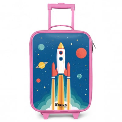 NoBoringSuitcases.com® - Kinderkoffer roze - Kindertrolley meisje - Raket - Planeet - Sterren - Veelkleurig - Koffer kind lichtgewicht - Reiskoffer trolley voor kinderen - Koffertje met lichtgevende wieltjes - Rolkoffer