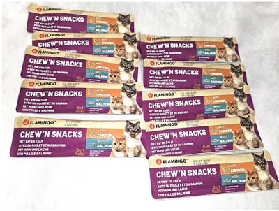 10 x - flamingo kattensnacks CHEW'N SNACKS kip 72.45% zalm 15% - 10 gr = 100 gr - - glutenvrij, geen toegevoegde suiker , graanvrij