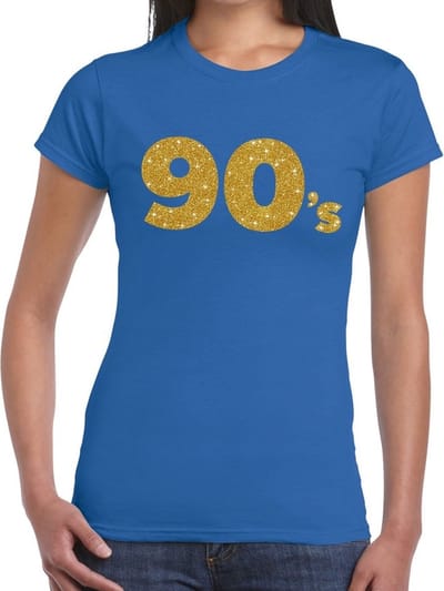 Nineties party verkleed t-shirt - 90's goud glitters - blauw - dames - thema feestkleding XS
