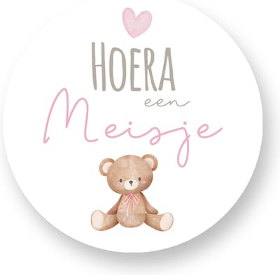 25x Sluitsticker Hoera een meisje- Beer- 40 mm - Geboorte Sticker - Sluitzegel - Sticker Geboortekaart - Baby nieuws - Trakteren Broer Zus Basisschool Kinderdagverblijf - Sluitstickers Pimp Studio