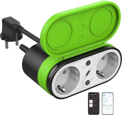 SnelShoppen - Wifi-stopcontact voor buiten, dubbel stopcontact met timer, waterdicht, slim stopcontact met stroomverbruikmeter, werkt met Alexa en Goo