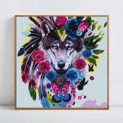 DIY diamant schilderij volledige ronde wolf en bloem diamant borduurwerk kruissteek 30x30CM black