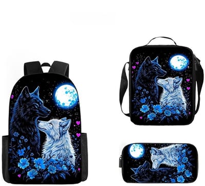 Rugzak wolf | stoere tas voor school | Paar Wolf Rugzak | 15 - 20 liter | Rugtas, etui en lunchtas met mooie 3D geprinte details | 3-delige set jongens schooltassen | grote schooltas