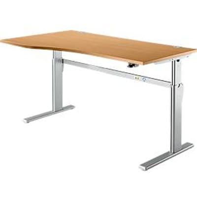 Standaard bureau, elektrisch in hoogte verstelbaar, vrije vorm, bevestiging links, C-poot, B 1800 x D 1000/800 x H 725-1185 mm, beuken/blank aluminium