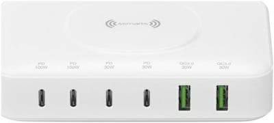 4smarts 100W 7-in-1 GaN Oplaadstation - Snellader met Power Delivery en Quick Charge - Geschikt voor o.a. Telefoon, Tablet, Laptop en MacBook - met Draadloos Opladen - Wit