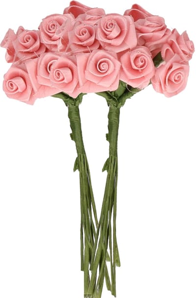 Rayher Decoratie roosjes satijn - 2x - bosje van 12 - roze - 12 cm - hobby/DIY bloemetjes