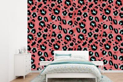 Behang - Fotobehang Panterprint - Roze - Blauw - Patroon - Breedte 360 cm x hoogte 260 cm