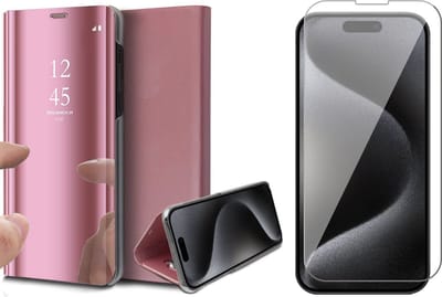 Hoesje geschikt voor iPhone 15 Pro - Screen Protector GlassGuard - Book Case Spiegel Roségoud & Screenprotector