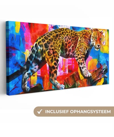 Canvas - Oil painting - Luipaard - Regenboog - Schilderijen op canvas - 40x20 cm - Muurdecoratie