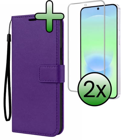 Hoesje Met 2x Screenprotector - Geschikt voor Samsung Galaxy A37 - Luxe Pasjeshouder - Bookcase Portemonee - Flip Case - Kunstleer Book Case - Flipcase Hoes - Book Cover - Walletcase - Portemonneehoes - Paars