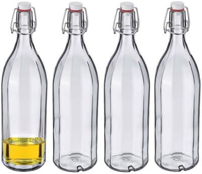 Westmark Beugelfles / Weckfles - 4x - transparant glas - luchtdicht - 1 liter - waterfles - hoekig
