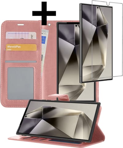 Hoesje - Met Screenprotector - Geschikt voor Samsung Galaxy S24 Ultra - Luxe Pasjeshouder - Bookcase Portemonee - Flip Case - Kunstleer Book Case - Flipcase - Book Cover - Walletcase - Portemonneehoes - Telefoonhoesjes - Rosé goud