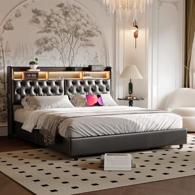Gestoffeerd bed 180x200cm, kingsize bed, functioneel bed met led-verlichting en USB-oplaadpoort, PU-leer, zwart, geen matras