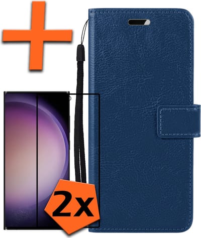 Hoes - Met 2x Screenprotector - Geschikt voor Samsung Galaxy S23 Ultra - Luxe Pasjeshouder - Bookcase Portemonee - Flip Case - Kunstleer Book Case - Flipcase Hoes - Book Cover - Walletcase - PortemonneeHoes - Donkerblauw