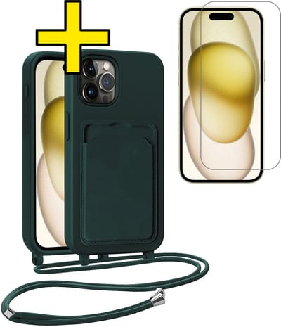 Hoesje Geschikt voor iPhone 14 Pro Telefoonhoesje Met Koord Case Pashouder Met Screenprotector Siliconen - Hoes Geschikt voor iPhone 14 Pro Hoesje Met Kaarthouder - Donkergroen