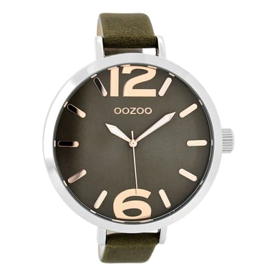 OOZOO Timepieces - Zilverkleurige horloge met donker bruine leren band - C8723