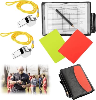 Professionele Scheidsrechterskaarten in Rood en Geel met 2 Metalen Fluitjes voor Voetbalwedstrijden