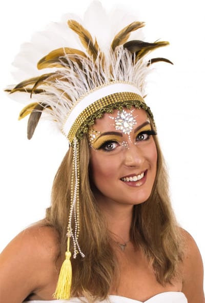 KIMU® Verentooi Bruin Wit Goud - Veren Tooi - Witte Hoofdtooi Indianentooi Indiaan - Ibiza Haarband Veertjes Zomercarnaval Carnaval Festival