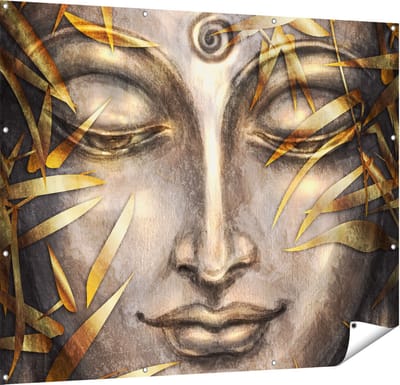 Gards Tuinposter Boeddha Beeld met Gouden Bladeren - 150x120 cm - Tuindoek - Tuindecoratie - Wanddecoratie buiten - Tuinschilderij
