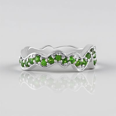 Cavill - Elegante Zilveren Damesring - 925 Sterling Zilver Platina - 0,41 ct Ronde Russische Diopsied Groen - Golvend Design