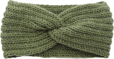 Gebreide Dames Winter Haarband – Oorwarmers – Olijfgroen – Met Knoop